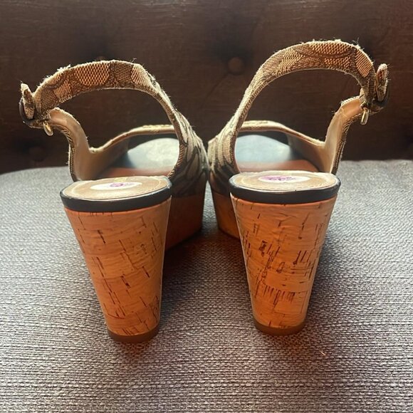 Coach 8.5 Signature C Monogram Canvas Peep Toe Wedge Sandals - Picture 2 of 9